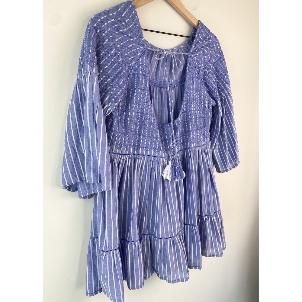 Free People Lola Embroidered Striped Mini Dress S Blue Tiered Coastal Festival - Picture 5 of 7